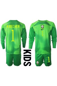 Fotbalové Dres Brazílie Alisson Becker #1 Brankářské Dětské Venkovní Oblečení MS 2022 Dlouhý Rukáv (+ trenýrky)
